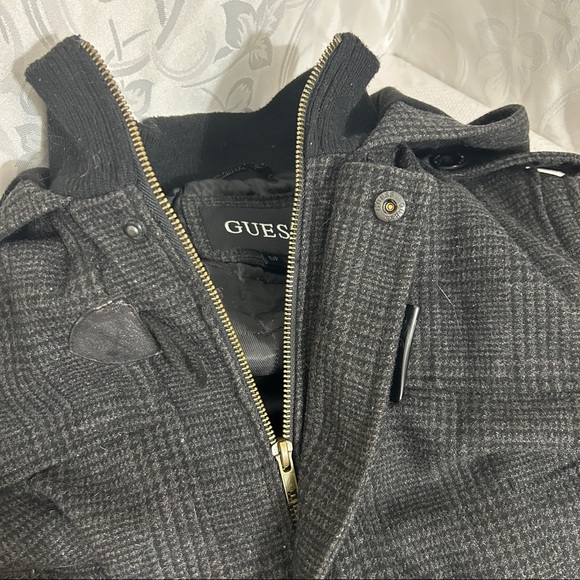 GUESS Grey Black Leather & Wool Blend Plaid Zip Up Coat - Picture 12 of 14